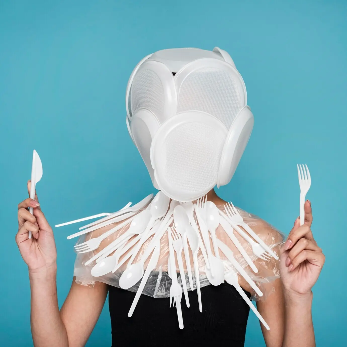 Женщина, покрытая белыми пластиковыми кухонными предметами.